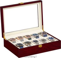 Songmics Watch Box 10-slot Watch Case met groot glazen deksel verwijderbare horloge kussens fluweel voering horloge box organisator cadeau voor geliefden kersenkleur ujow10c