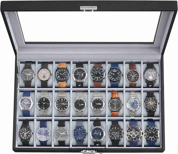 Boîte de montre Songmics Boîte de montre 24 slots Boîte de rangement de montre verrouillable avec une idée cadeau de couvercle en verre noir en cuir synthétique Gris UJWB024 11,6 x 16,9 x 3,1