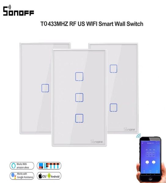SONOFF T0US TX Smart Home WifiAPP Control remoto Panel de vidrio luz táctil 1Gang LED retroiluminación interruptor de pared funciona con Alexa IFTTT9401788