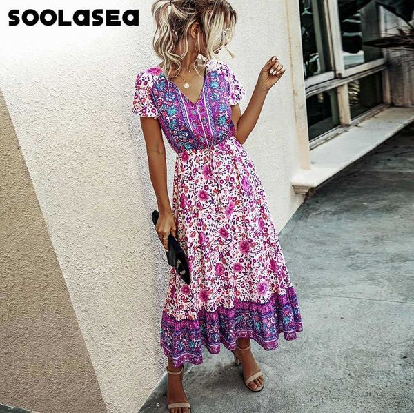 Soolasea 2021 Été Hippie Vintage Floral Maxi Robes Élégant Plage Ceinture Sexy Col En V Imprimer Longue Boho DrWomen Robes X0621