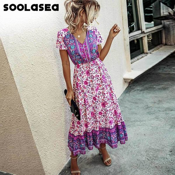 Soolasea 2021 Verano Hippie Vintage Floral Maxi Vestidos Elegante Playa Sash Sexy V Cuello Estampado Largo Boho Vestido Mujeres Vestidos X0521