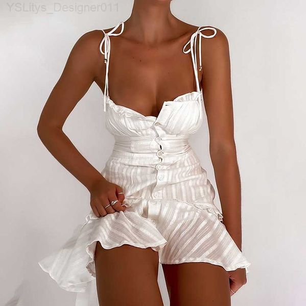 Soolasea 2023 New Elegant Summer Women Spaghetti Strap Vestido blanco Cotton A-Line Ruffles Mini Dress Strapsless Party Vestido L230814