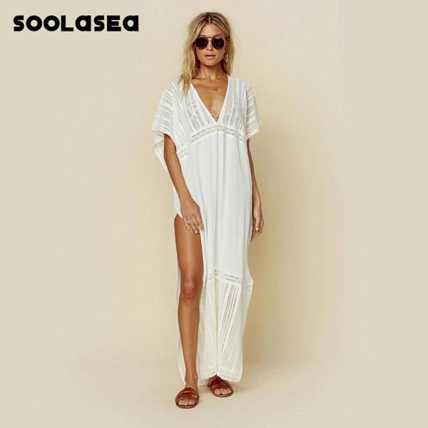 Soolasea Boho Luxe Pareo Beach Sarong Blanc Transparent Broderie Kimono Wrap Robe Sexy Maillots De Bain Cover Up Dentelle Tunique Femme Femme