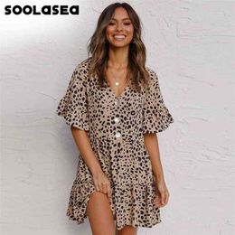 Soolasea Zomer Stijl Dames Mini Leopard Jurk Print Ruches Korte Mouw V-hals Party Sweet Beach Vestidos 210623