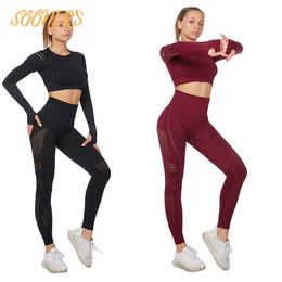 Sooners 322 Vital Women Sport Costume Yoga Set Gym Workout V￪tements ￠ manches longues Fitness Crop Top High Waist Energy Samless Leggings283r