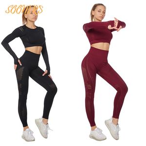 SOONERS 322 Vital Vrouwen Sport Pak Yoga Set Gym Workout Kleding Lange Mouwen Fitness Crop Top Hoge Taille Energie Naadloze Leggings205j