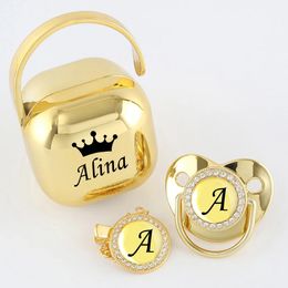 Schnuller, Beißringe, personalisieren Sie jeden Namen, Luxus-Gold-Silber-Schnuller-Aufbewahrungsbox, Baby-Silikon-Nippel, BPA-frei, 26 Initialen, Baby-Schnuller mit Clip 231019