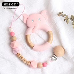 Sucettes de dentition Clip de sucette personnalisé pour bébé Silicone éléphant mouton pendentif dentition soins infirmiers en bois porte-chaîne factice né bébé cadeau 231019