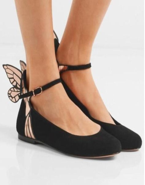 Sophia Webster Butterfly Wings Flats Flats redondos de los pies redondos Mulas de cuero de gamuza Ballet Alas de ángel zapatos Disparos zapatos9659654