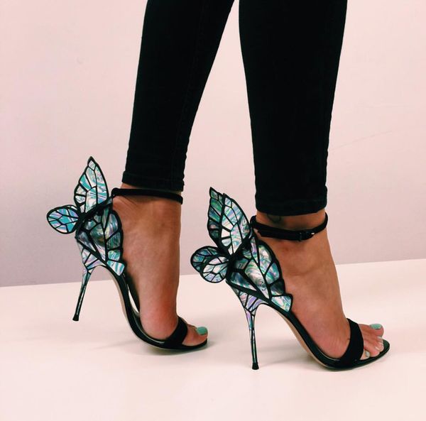 Sophia sandal webster Evangeline Zapatos altos con alas de ángel Sandalias de cuero con tachuelas y diamantes de imitación de mariposa con tacón fino