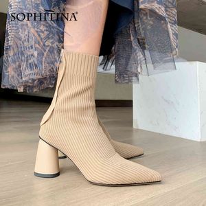 Sophitina Boots de cheville femme tricoter les chaussettes en tissu élastique supérieur serrés Toe à talon rond