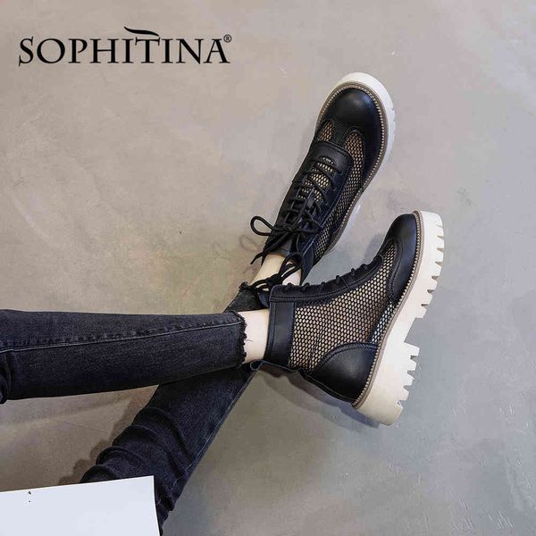 SOPHITINA, botines de malla transpirable, plataforma, tacón grueso, punta redonda clásica, botines con cordones, zapatos de mujer PO712 210513