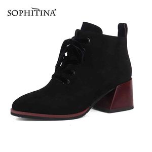 Sophitina Comfortabele vierkante hak laarzen veter-up mode rits sexy puntige teen handgemaakte vrouwen enkellaarsjes schoenen bij136 210513