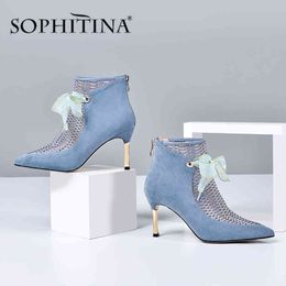 SOPHITINA Moda Botas Femininas Patchwork Design Salto Fino Riband Nó Borboleta Decoração Sapatos Botas de Alta Qualidade PO437 210513