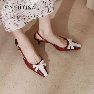 Sophitina vrouwelijke hak schoenen vrouwen dunne stijl lederen vlinder-knoop jurk parel zomer vierkante teen slingback pump fo108 210513