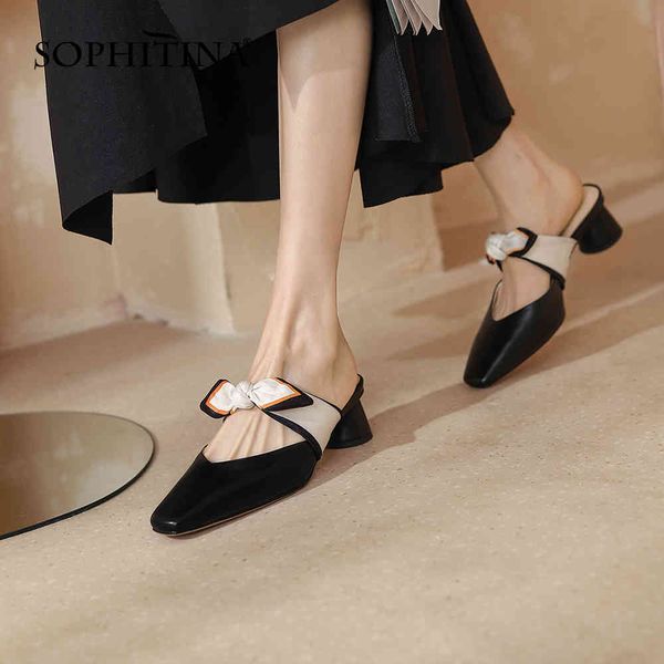 Sophitina en cuir véritable femme mi-talon chaussures femmes muletier style papillon-noeud-nœud robe de confort été chaussures d'orteil d'été fo106 210513