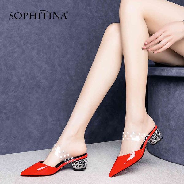 SOPHITINA Polka Dot Sandales Femmes Haute Qualité Bout Pointu Slip-On À La Main Chaussures À Talons Carrés Élégant Pantoufle D'été SO451 210513