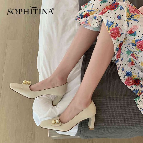 SOPHITINA Pompes Femmes Élégant String Perle Véritable Pompes En Cuir Carré Toe TPR Talons Hauts Casual Party Job Lady Chaussures SO937 210513