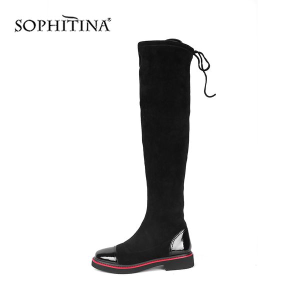 Sophitina muslo Alto Botas de mujer Comfort Kid Suede con cálido peluche corto negro moda al aire libre invierno vestido casual zapatos PC688 210513