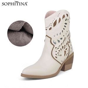 Sophitina Western Cowboy Enkellaarzen Dames Warm Pluche Comfortabel Gestapelde Mid Hoge Hak Outdoor Winter Vrouwelijke Jurk Boot PC783 210513