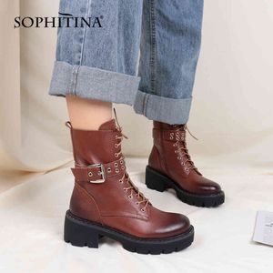 Sophitina Winter Enkellaarzen Lederen Handgemaakte Gesp Zipper Vierkante Hak Motorfiets Laarzen Antislip Damesschoenen C766 210513