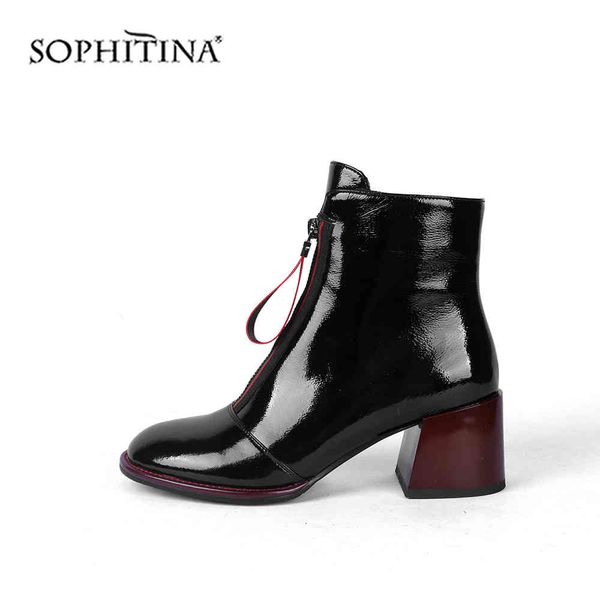 SOPHITINA Botas de tobillo para mujer Moda Cuero de vaca Cremallera frontal con lengüetas pull-up Cuadrado Chunky Wild Round Toe Dress Boots PC657 210513