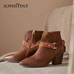 SOPHITINA Bottines pour femmes pointues Cowboy boucle de cheville marron talons épais marche occidentale automne chaussures pour femmes PO744 210513