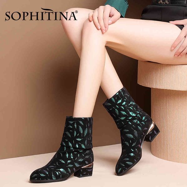 SOPHITINA bottes mi-mollet pour femmes impression de plumes tissu extensible métal décoratif talon bas deux chaussures pour femmes PO699 210513