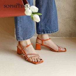 SOPHITINA Zapatos de mujer Sandalias Verano Cuero genuino Square Toe Party Pearl Moda Sandalias transpirables sólidas FO176 210513