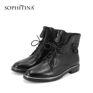 Sophitina rits mode laarzen lederen lederen kant metalen ketting comfortabel ademend basic schoenen vierkante hak Sexy laarzen PC413 210513
