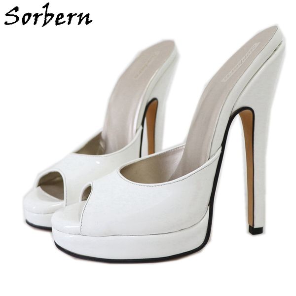 Sorbern 16Cm blanc brillant femmes sandales bout ouvert sans lacet plate-forme chaussures d'été en cuir véritable pantoufle Mules Sissy garçon chaussure