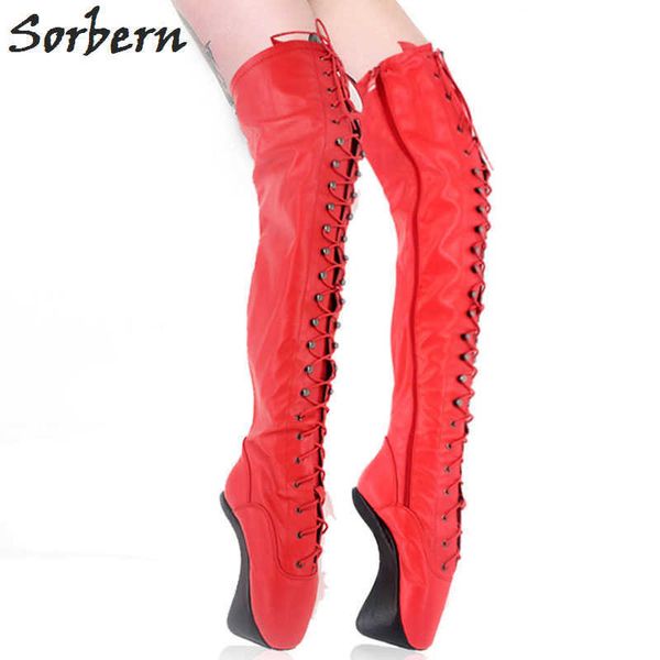 Sorbern Ballet sabot talon bottes pour femmes mi-cuisse haute croix attaché longue botte sans talons Sexy fétiche chaussure à talons hauts couleurs personnalisées