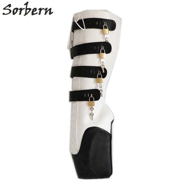 Sorbern BDSM Ballet Bottes Femmes Plate-Forme Sabot Sans Talon Noir Blanc Mat Grand 18 cm 10 Clés Verrouillable Débutant Ballet Wedge Boot