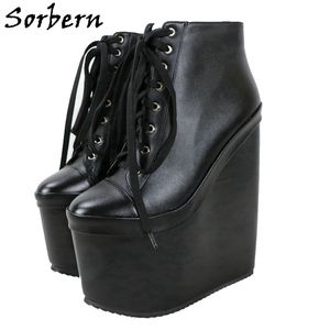 Sorbern Black 20cm Wedge Laarzen Dames Dikke Platform Lace Up Unisex Booties Females Alternatieve Mode