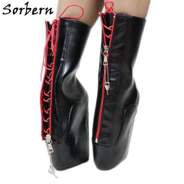 Sorbern – bottines noires avec lanières en dentelle rouge, chaussures unisexes à semelle compensée, bottes personnalisées à coupe large pour dames, talons hauts sans talons