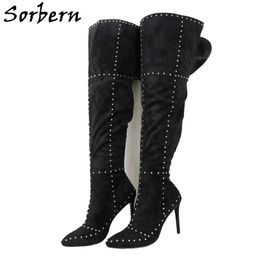 Sorbern Black Fake Suede Thigh High Boots Women Rivets Sparked Stilettos High Heel Customized Wide Or Slim Fit Legs Availble