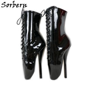 Botines Sorbern de charol negro para mujer, zapatos de tacón alto de Ballet con cordones, zapatos fetiche cortos, botines Bdsm, Unisex personalizados