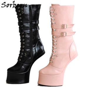 Sorbern Exotic Lace Up Horse Schoenen Mid Calf Boots Multi Colors Heutless Fetish Speel plezier Booties Dubbele riemen Custom Colors