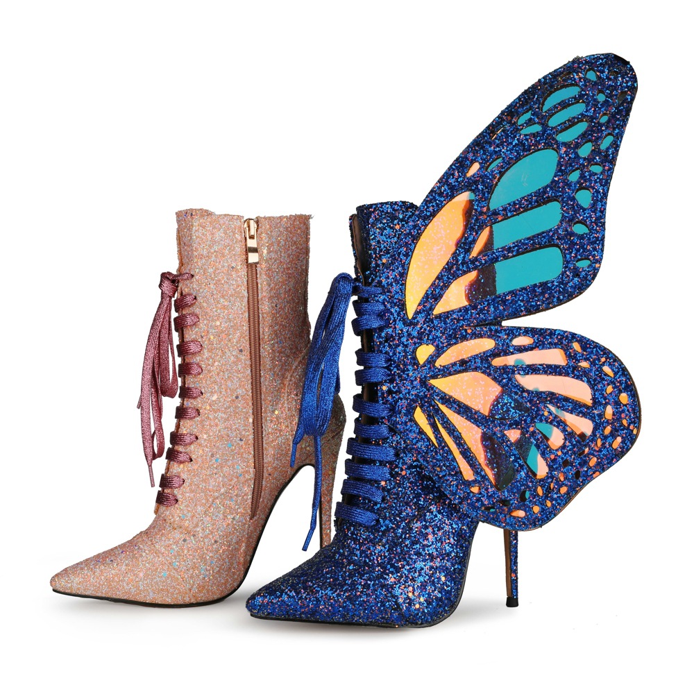 Sorbern Glitter Butterfly Ankle Boots Women Pointed Toe High Heel Stilettos Multi Colors