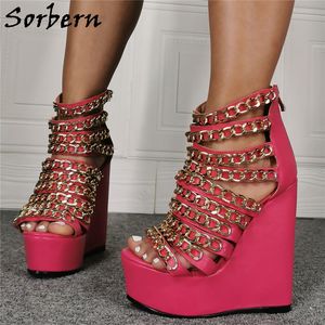 Sorbern Hot Pink Sandals Wedge avec des chaînes en or Back Zipper Platform High Heels