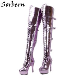 Sorbern Metallic 15cm High Heel Femmes Bottes Coutettes Cuisine High Unisexe Ladyboy Boot lacet Up 4 STAPS BUCKLES POLLE DANSE Talons