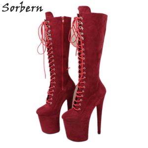 Sorbern Wine Red Women Boots Stripper Hak Mid Calf Boot Extreme Hoge Hak 20cm Dikke Platform Schoenen Maat 11 Custom