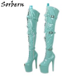 Sorbern Mintgrüne Pole Dance Stiefel Damen Stripper High Heel Peep Toe Dreifachriemen 20 cm Schuhe mit extremen Absätzen