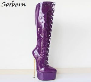 Sorbern Purple 22cm Boots à talon ultra haut talons en métal doré Pu Leather Laceup Knee High Plateforme Femmes Sexy Fetish Dance Motorcycl1110261