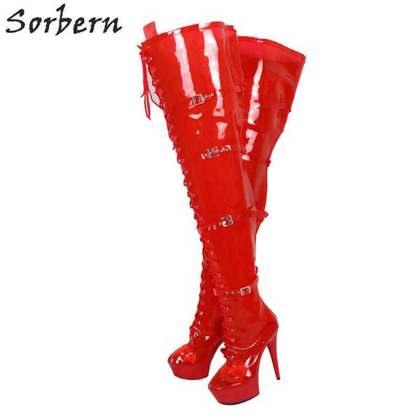 Sorbern rojo ver a través de botas de PVC mujeres entrepierna muslo alto señoras plataforma de tacón alto personalizado pantorrilla ancha bota Unisex tamaño 5-15