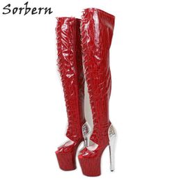 Sorbern – bottines serpent rouge à bout ouvert pour femmes, chaussures à talons hauts de 20Cm, bottines à lacets, plateforme exotique, chaussures de strip-teaseuse Ins