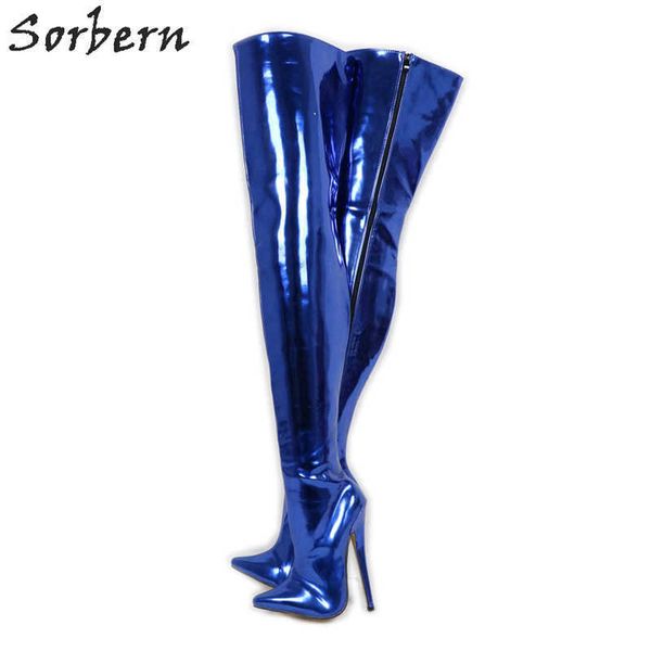 Sorbern – cuissardes Sexy à entrejambe, bottes à talons hauts de 18Cm, talons aiguilles métalliques, bleu Royal, tige dure, personnalisées, larges mollets