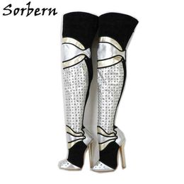 Sorbern – bottes Sexy au dessus du genou, Punk, Rivets, bout pointu, taille 36, talons aiguilles, personnalisé, tige de mollet large, longue botte pour dame