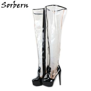 Sorbern – bottes Sexy en Pvc Transparent pour femmes, chaussures à talons hauts, plateforme noire, talons aiguilles, mi-cuisse, fermeture éclair, grande taille 15, couleur personnalisée