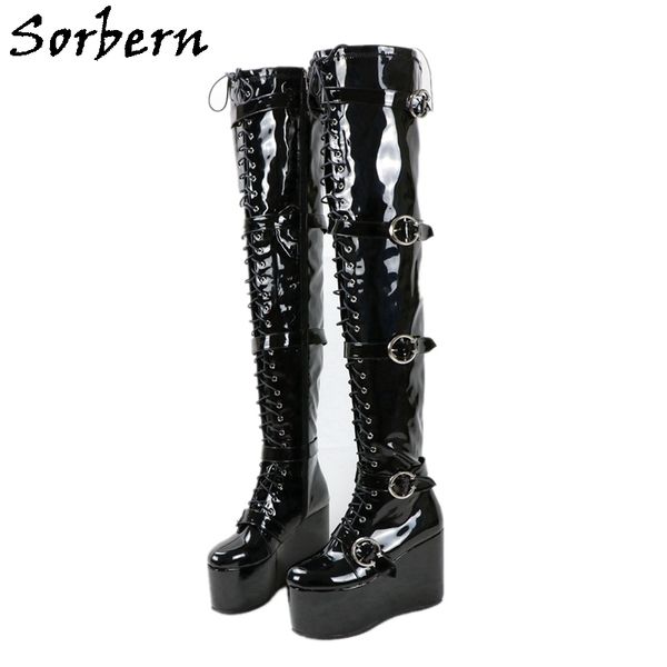 Sorbern – bottes à semelles compensées, cuissardes hautes, boucle épaisse, talons hauts, bout rond de 5 pouces, bottes personnalisées Drag Queen pour travesti, Cosplay